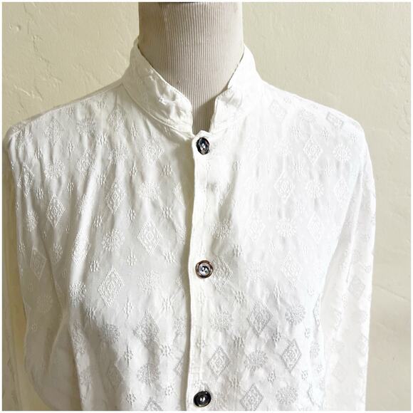 CP Shades Diamond Jacquard Print Rayon Button Down Size Large White Coastal - Picture 6 of 12
